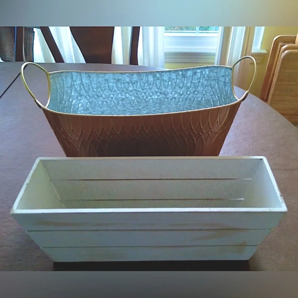 Gold tin metal basket with handles and wooden planter. Lot of 2